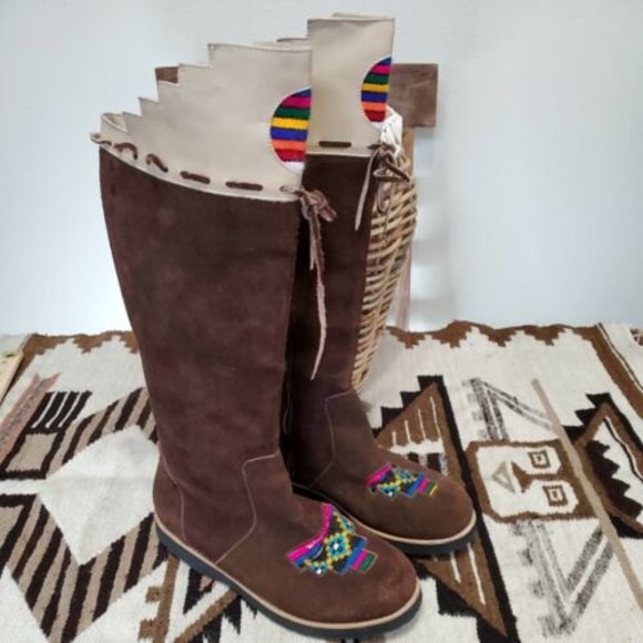 Fortress of Inca Tall Boots Suede Brown Motifs Tribal Boho Hippie Women 7 Peru - Picture 2 of 12
